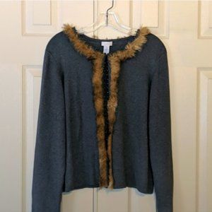 Chicos Cotton/Silk Blend Cardigan Sweater w/Fur Trim Size 3 XL XXL
